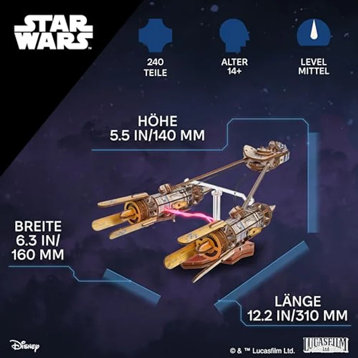 UGEARS Anakin Skywalker's Podracer 3D Puzzle, Holzmodellbau mit LED-Beleuchtung und beweglichem Sockel, für Erwachsene, Star Wars-Design – Bild 2
