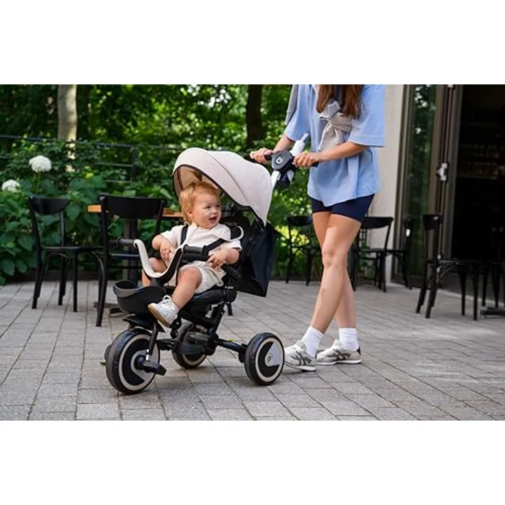 MoMi IVI 3-in-1 Kinderdreirad, beige, mit 360° drehbarem Sitz, Schiebestange & Sonnendach, 3-Punkt-Gurt, PU-Räder – Bild 17