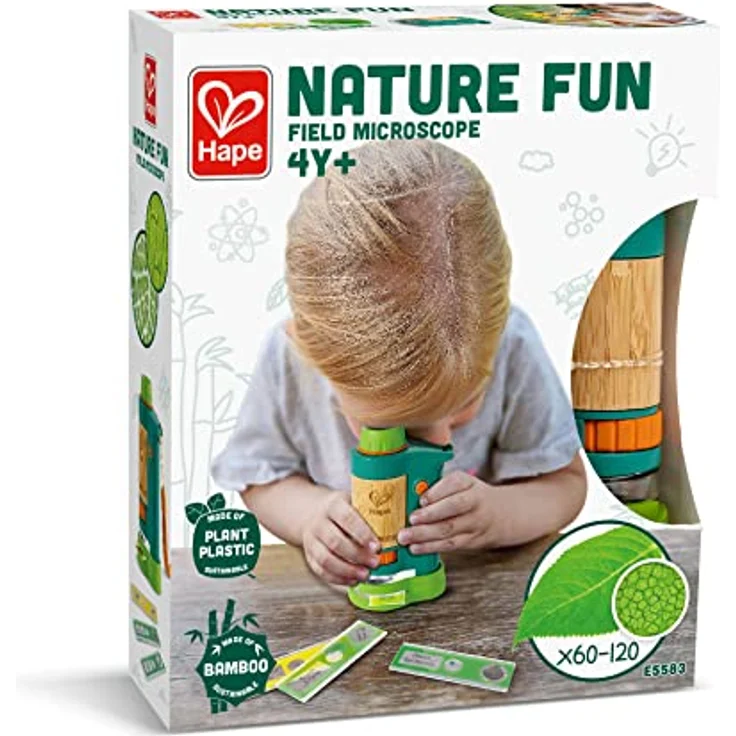 Hape Nature Fun Tragbares Mikroskop zum Entdecken aus Bambus und pflanzlichem Kunststoff, mit Licht und Objekträgern, ab 4 Jahre – Bild 2