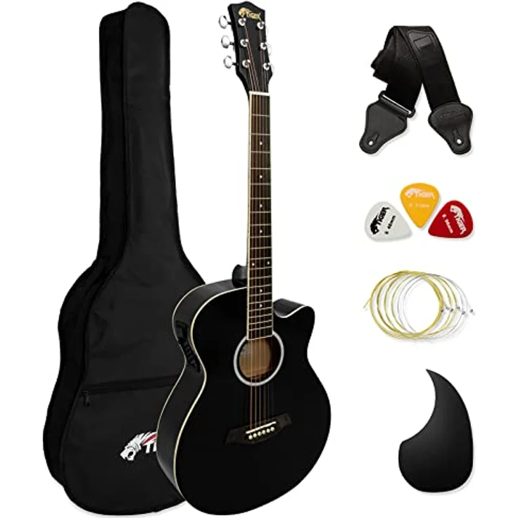TIGER ACG4-BK Full-Size Elektro-Akustische Gitarre, Paket für Anfänger, mit eingebautem Tuner und EQ - Schwarz – Bild 1