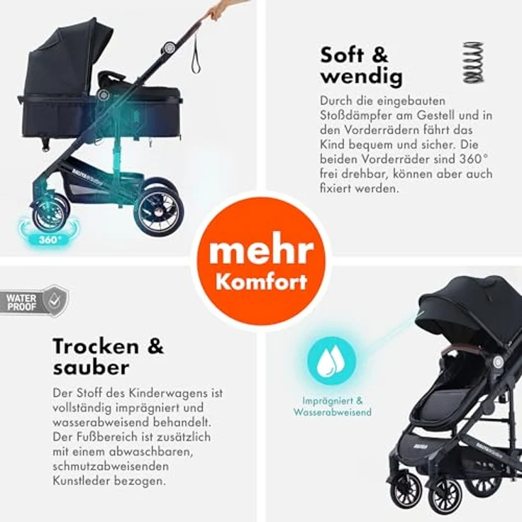 Daliya® NEOMOVE 2in1 Kombi-Kinderwagen, klappbare Babywanne und Sportsitz, große pannensichere Räder, stufenlos verstellbare Rückenlehne, leichter Alu-Rahmen, großer Einkaufskorb, Schwarz-Schwarz – Bild 2
