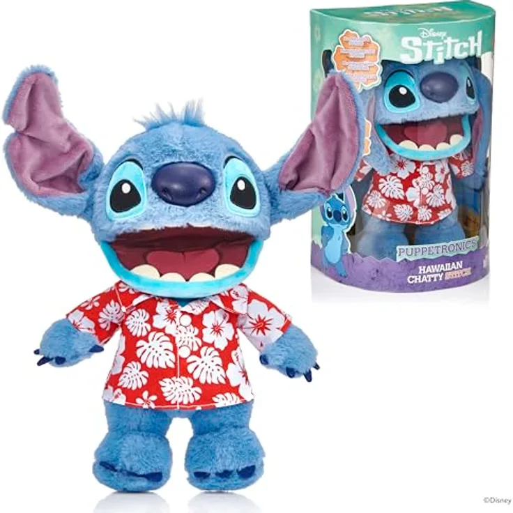 Merkloos Disney Plüsch Hawaiian Chatty Stitch Deluxe, interaktives 32 cm Stofftier mit authentischen Phrasen und Geräuschen