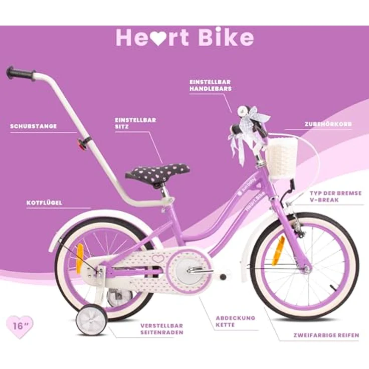 Sun Baby Mädchenfahrrad 16 Zoll Radgröße Heart Bike, mit Abnehmbarer Schubstange, Violett, für Mädchen von 2 bis 6 Jahre – Bild 5