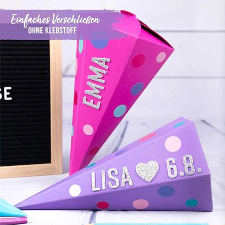 Papierdrachen Schultüten Set, 3 Geschwistertüten in Türkis, Lila & Pink, 23 cm hoch, inkl. dekorativen Moosgummi Aufklebern – Bild 4