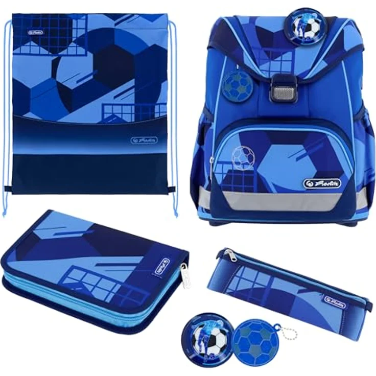 Herlitz Schulranzen Set 6-teilig Blue Goal, Ergonomische ultraleichte Schultasche für 1. Klasse, 16 L, wasserabweisend, mit Reflexmaterialien und praktischen Zubehörteilen – Bild 1