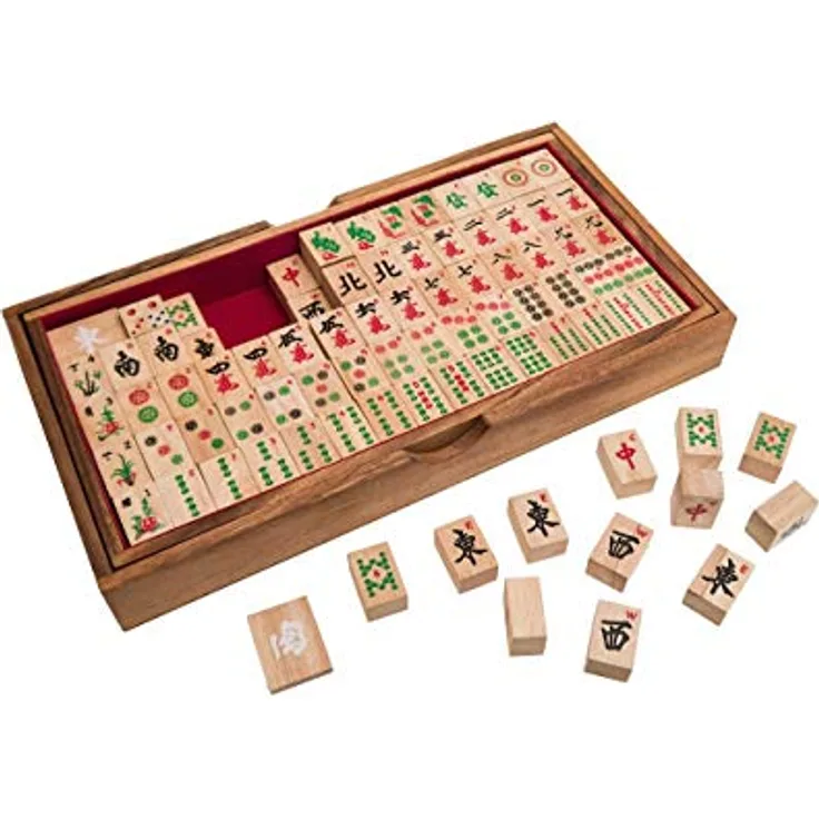ROMBOL Mahjong - das chinesische Spiel der Vier Winde, mit arabischen Zahlen, edles Holzspiel, Samena-Holz, Helvea-Holz, braun, hell