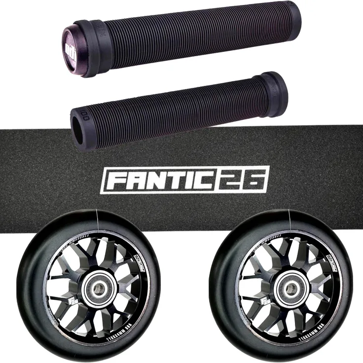 Fantic26 Stuntscooter Fantic26 Stunt Scooter Ersatzteile Bundle Basic Schwarz/Weiß, mit hochwertigen 110mm Rollen und individuellem Griptape