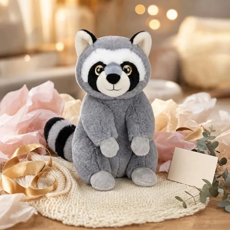 TE-IMPORTE Waschbär Plüschtier sitzend 27 cm grau mit glitzernden Augen, kuschelweich und waschbar – Bild 7