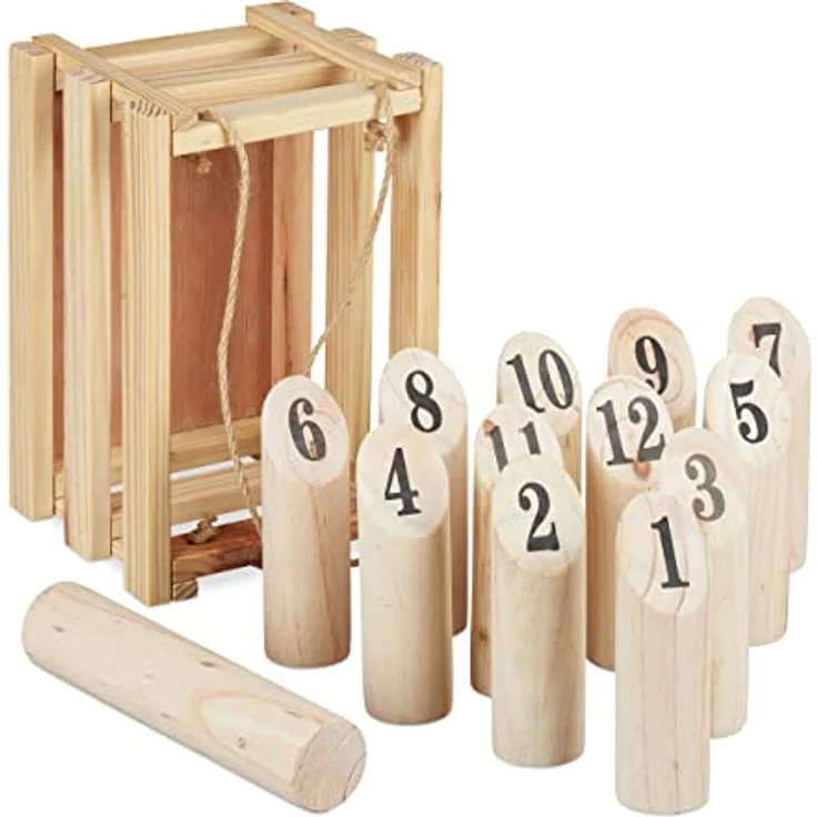 Relaxdays Kubb, Finnisches Wurfspiel mit Transportbox, für Erwachsene & Kinder, aus naturbelassenem Kiefernholz, 12 nummerierte Kegel – Bild 1