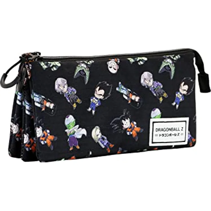 KARACTERMANIA Dragon Ball SD-Dreifach HS Federmäppchen, flach, Schwarz, 3 Fächer mit Reißverschluss, Innenfutter, 11 x 23 x 7 cm