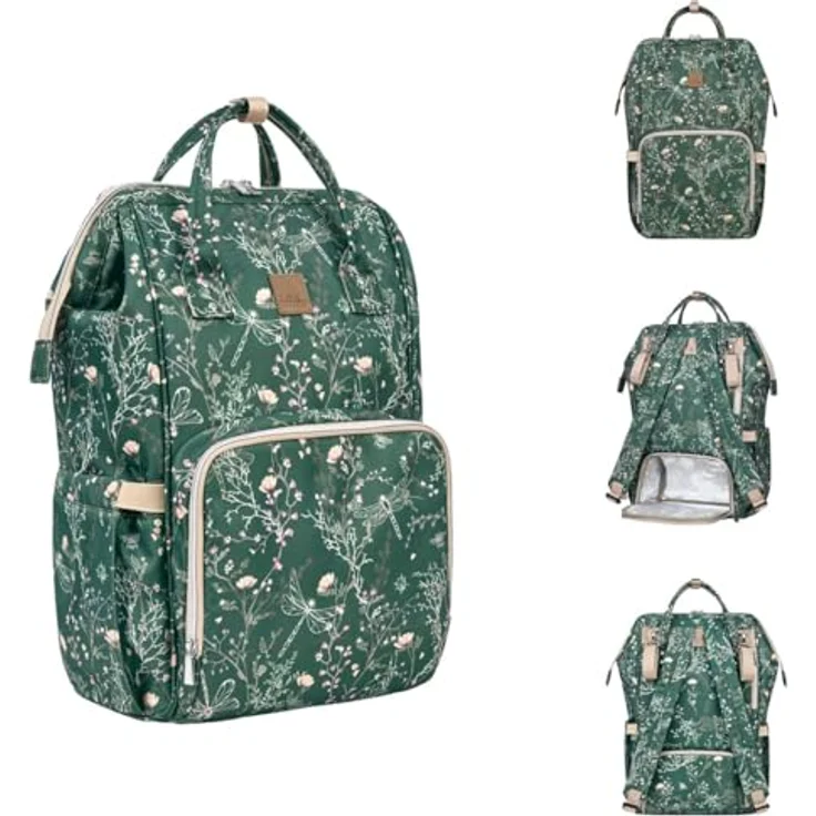 Kikka Boo Wickeltasche Siena, Rucksack mit Wickelunterlage, einstellbare Grifflänge, grün gemustert, wasserabweisend, viele organisatorische Taschen – Bild 1
