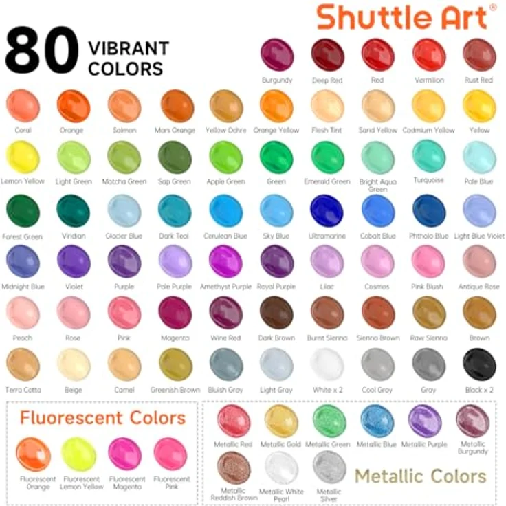 Shuttle Art Acrylfarben Set, 80 bunte Acrylfarben (60ml) mit 12 Pinseln, ungiftig, wasserfest für Leinwand, Holz und Steine – Bild 3
