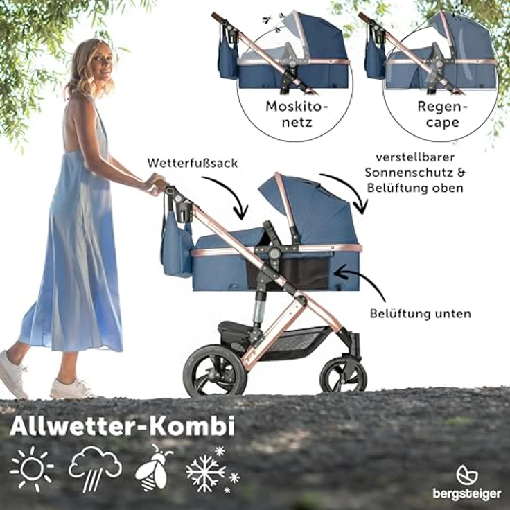 Bergsteiger Nizza 3 in 1 Kinderwagen, Kombikinderwagen Komplettset, Babywanne & Buggy Sportsitz inklusive, Auto-Babyschale & Isofix Station optional, grau – Bild 5