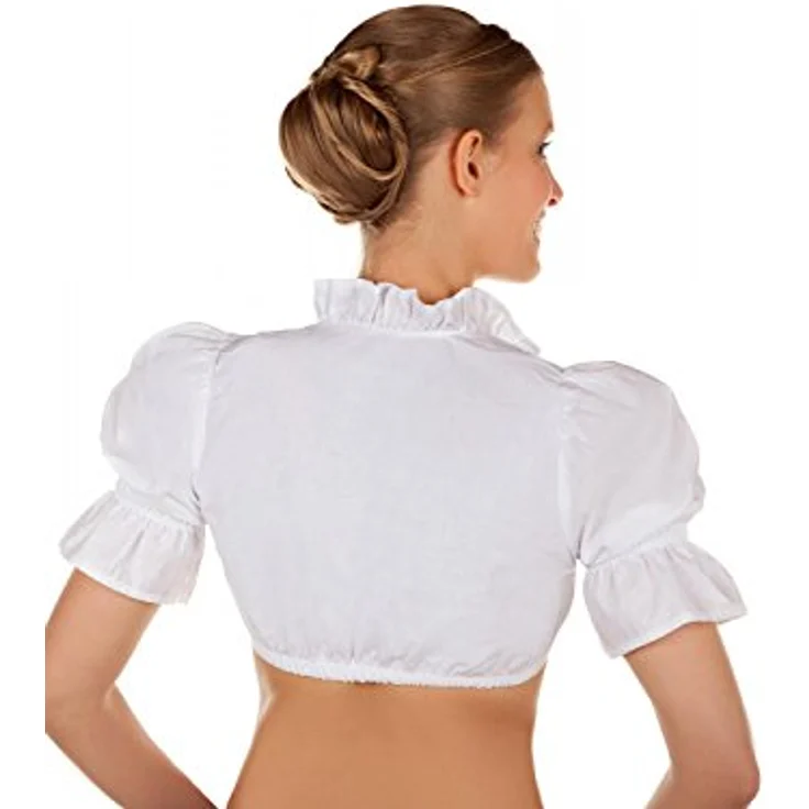Edelnice Dirndlbluse mit Schnürung, Weiße Dirndlbluse mit Rüschen an Nacken und Dekolleté, Satinbänder für individuelle Einstellung – Bild 3
