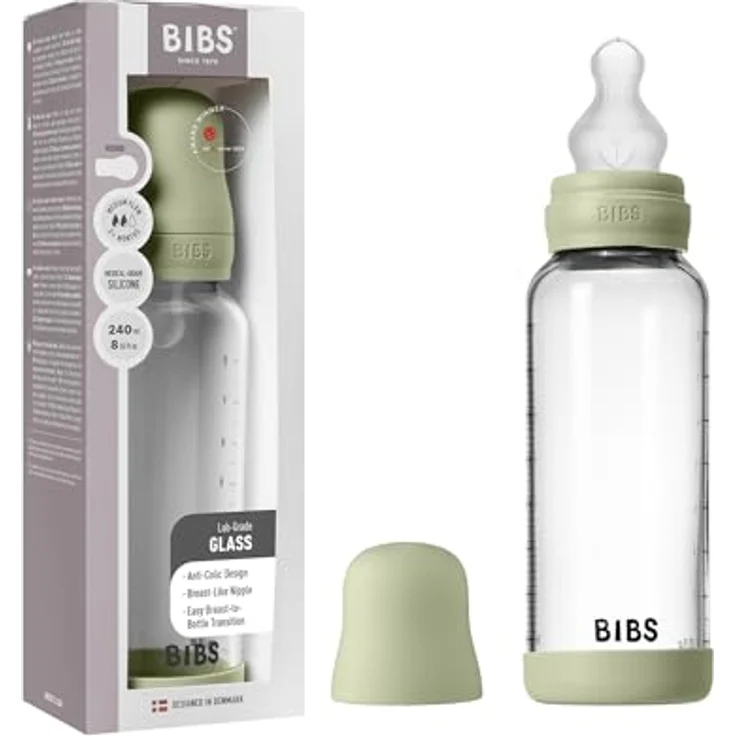 BIBS Baby Glass Bottle Silicone Antikolikflasche mit Silikonsauger, Sage, 240 ml, vorbeugend gegen Koliken, spülmaschinenfest – Bild 1