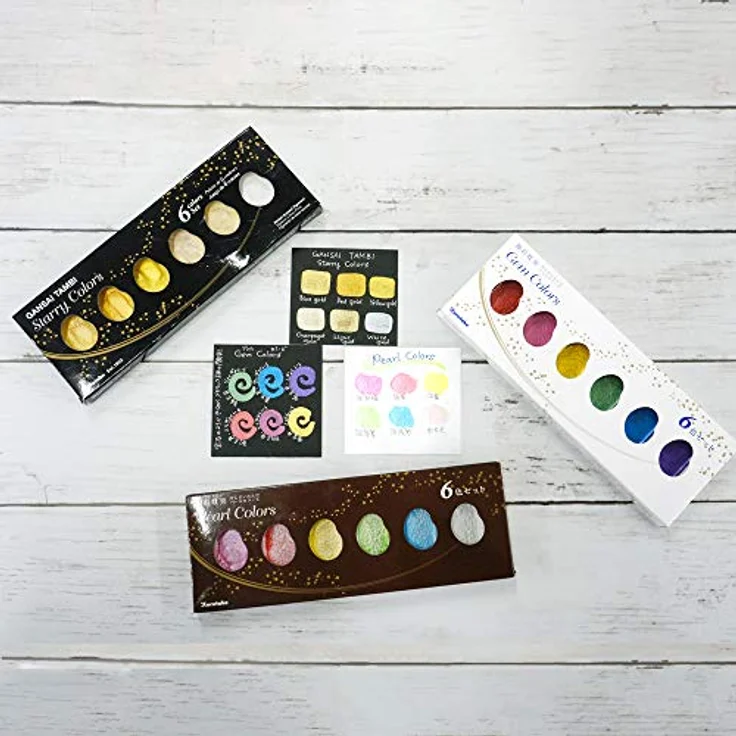 Kuretake Aquarellfarbenset, Wasserfarbe, 6 Farben in Gold, Grün, Pink, Rot, Weiß, Gelb, wasserbasiert für Papier – Bild 5