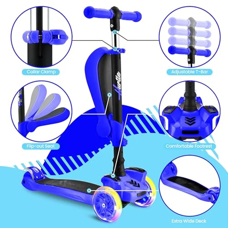Hurtle 3-Rad-Roller HURFS56, 2-in-1 Kleinkinder-Roller sitzend/stehend, höhenverstellbar, breite Plattform, LED-Blinker, für 1-jährige Jungen/Mädchen, Blau – Bild 5