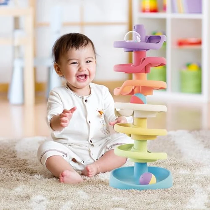 Quercetti Play Bio Spiral Tower, Murmelspielturm aus 7 Elementen für Kleinkinder ab 12 Monaten, inkl. 3 Rassel-Kugeln, fördert Hand-Augen-Koordination – Bild 2