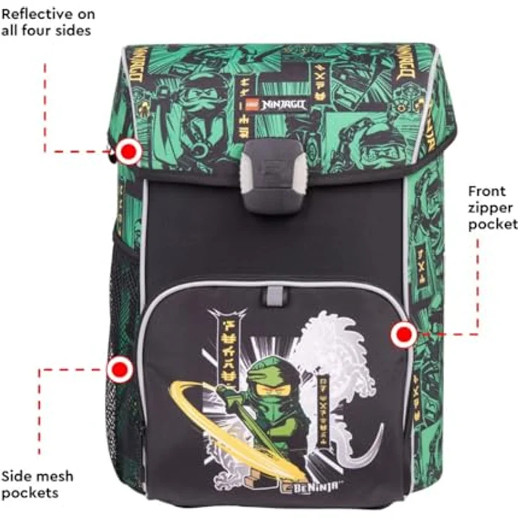 SKANDO BAGS Lego NINJAGO Schulranzen-Set - 6-teiliges Komplettpaket, CE-zertifiziertes Federmäppchen, Grün – Bild 2