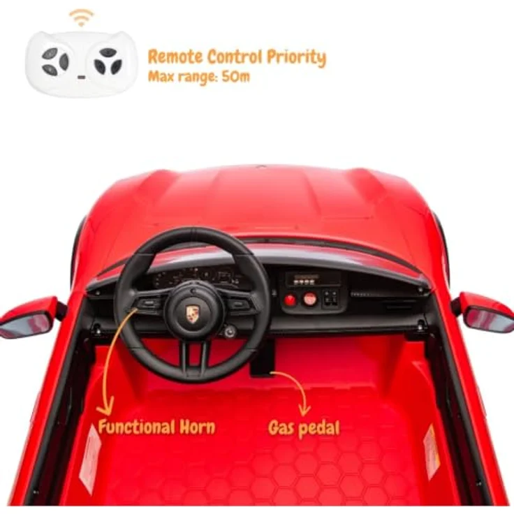 Vrooomy Porsche Taycan Turbo S Elektro Kinderauto, 24V, 2-Sitzer, rot, MP3-Player, sanfter Anlauf, LED-Scheinwerfer – Bild 4