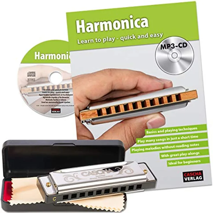 CASCHA Mundharmonika Anfänger Set mit englischer Schule, Blues Harmonica spielen lernen, inklusive Case, Pflegetuch und Lehrbuch, C Dur Harmonika