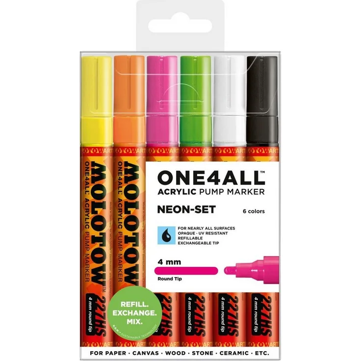 MOLOTOW Permanentmarker ONE4ALL 227 HS, Nachfüllbar, wasserfest, Rundspitze, 6er Etui (neongelb, neonorange, neonpink, neongrün, signalweiß, signalschwarz)