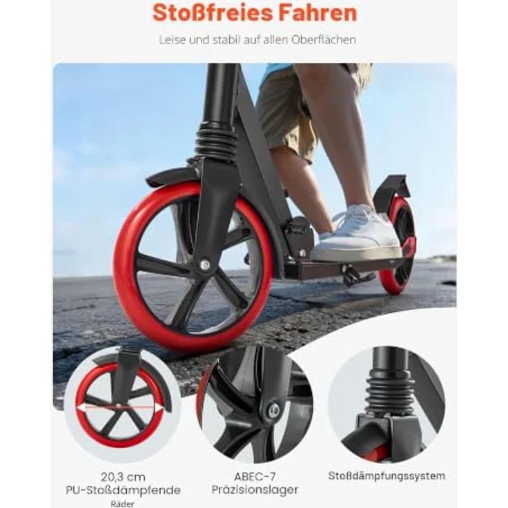 VEVOR Scooter für Kinder ab 8 Jahren, faltbarer Cityroller mit höhenverstellbarem Lenker, rutschfestem Deck und leichten Aluminiumrahmen, bis 100 kg, Schwarz + Rot – Bild 3