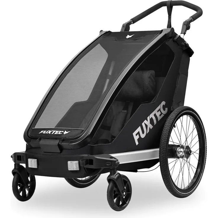 Fuxtec Fahrradanhänger FX-FA1S, Einsitzer faltbar mit Schiebegriff, Kupplung, Regenschutz, Sicherheitsfahne, 5-Punkt-Gurt, max. Zuladung 35kg, Schwarz
