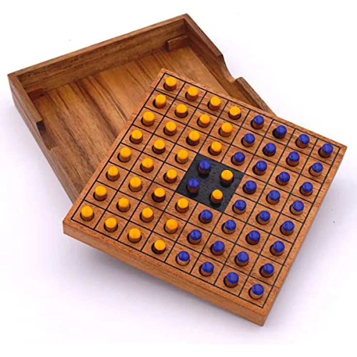 ROMBOL Reversi - Strategiespiel aus edlem Holz, gelb/blau, handgefertigt aus Samena-Holz – Bild 3