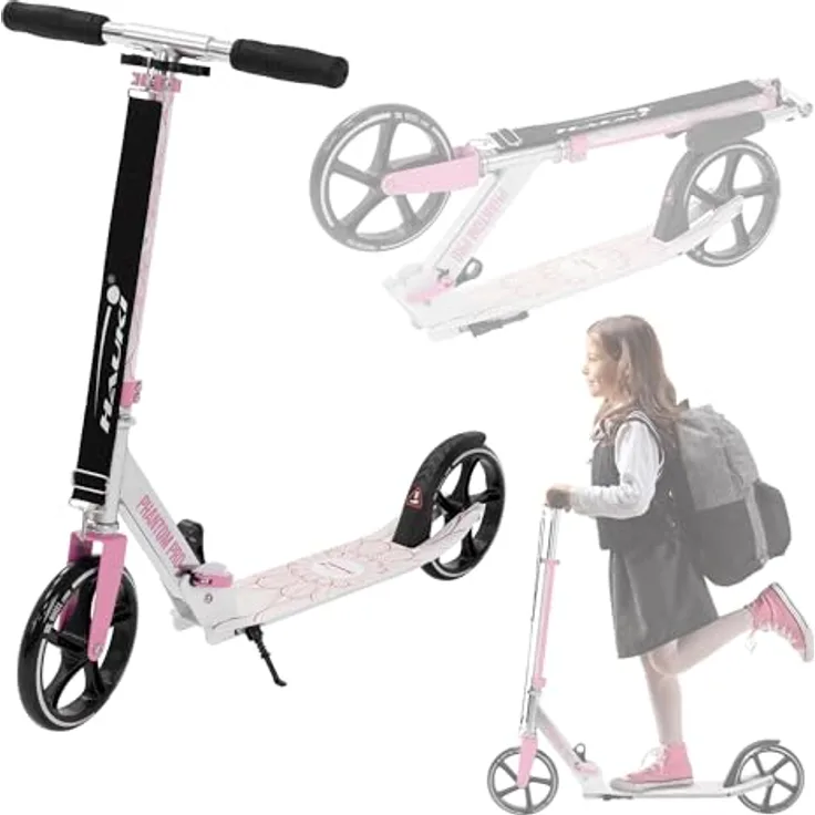 Hauki Cityroller Scooter Rosa, klappbar & höhenverstellbar, XXL-Räder, Tritt-Bremse, für Kinder & Erwachsene bis 100 kg