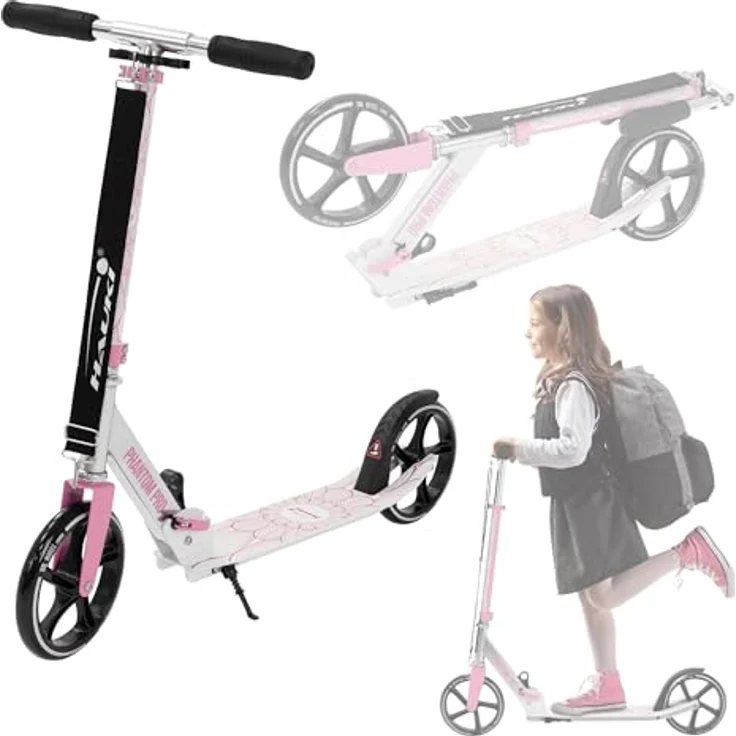 Hauki Cityroller Scooter Rosa, klappbar & höhenverstellbar, XXL-Räder, Tritt-Bremse, für Kinder & Erwachsene bis 100 kg – Bild 1