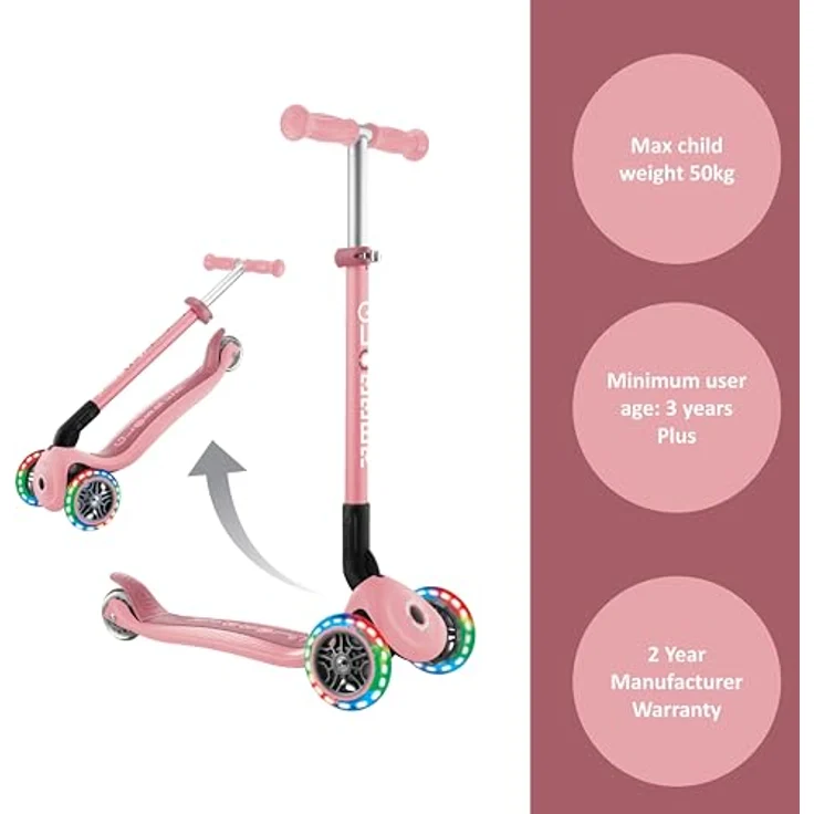 Globber PRIMO FOLDABLE LIGHTS, Dreiradscooter mit Leuchtrollen, klappbar, pastellrosa – Bild 4