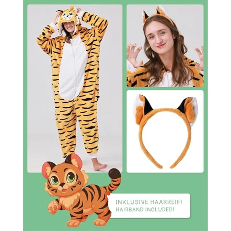 corimori Flauschiges Tiger-Kostüm für Erwachsene, Onesie mit Haarreif, super weich und wärmend, für Körpergröße 170-180 cm – Bild 3
