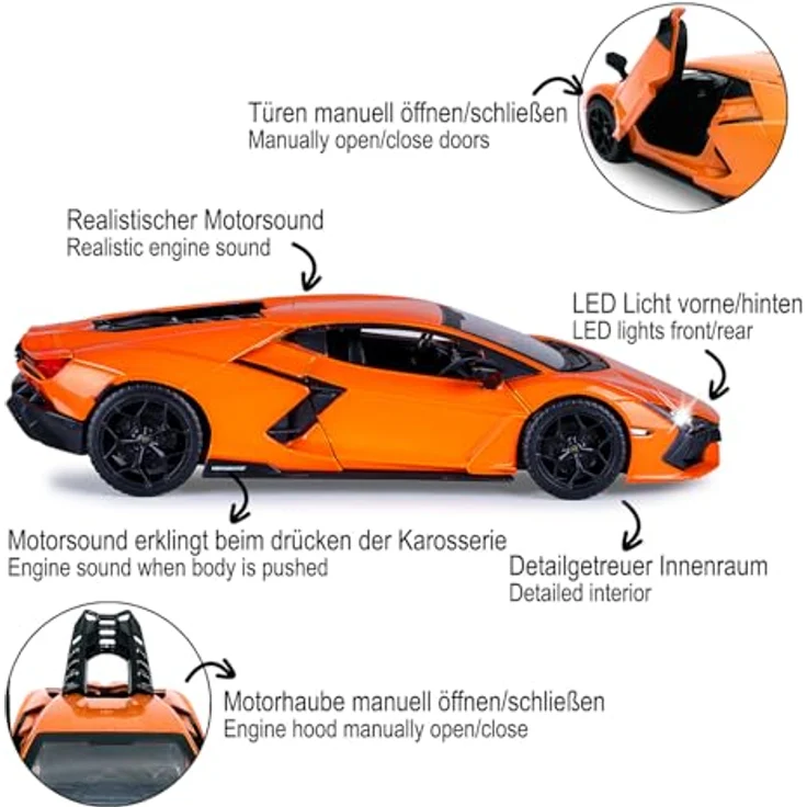 JAMARA Lamborghini Revuelto Diecast 1:32 Modellauto mit manuell öffnenden Türen, LED-Lichtern und Rückzugmotor, inkl. Knopfzellen – Bild 4