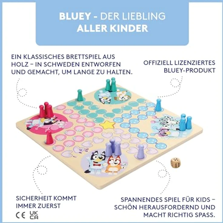 Micki Holzspiel „Mäusedorf“ von Bluey, lustiges Ludo-Spiel für Kinder mit 16 Spielfiguren in 4 Farben und Würfel – Bild 3