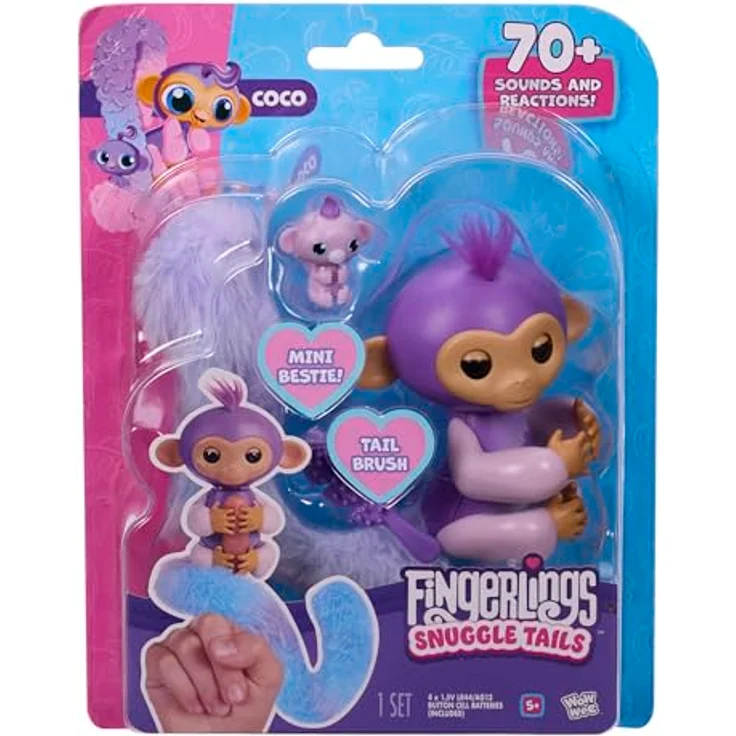 Fingerlings Snuggle Tails Coco, interaktiver lila Affe mit flauschigem Schwanz, Mini-Bestie Chloe, Bürste und Aufklebern – Bild 2