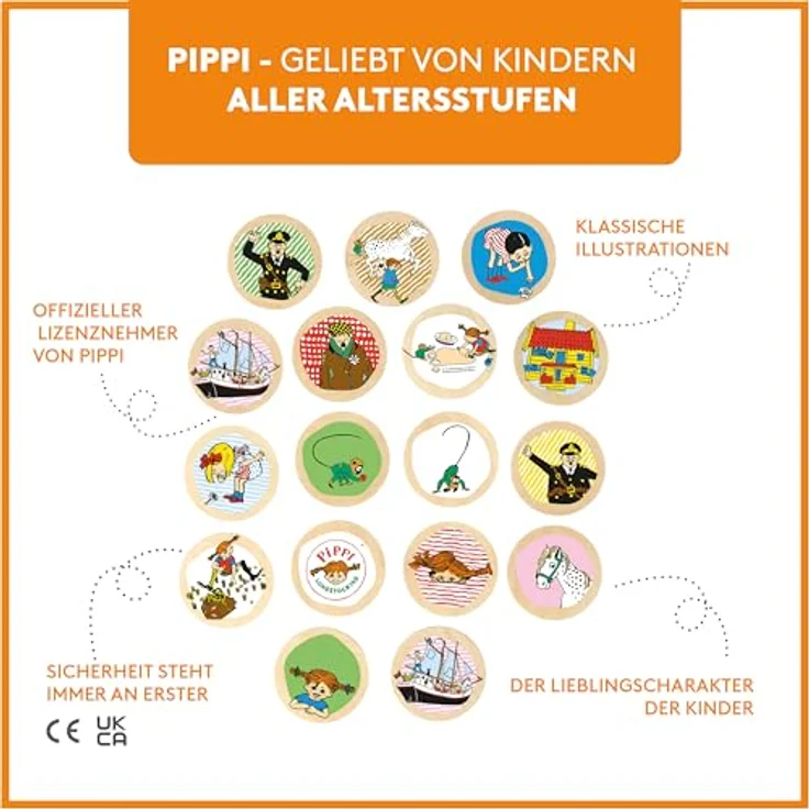 Pippi Langstrumpf Memo-Spiel, Holzspiel mit 38 runden Spielsteinen und Pippi-Motiven, ab 3 Jahren – Bild 3