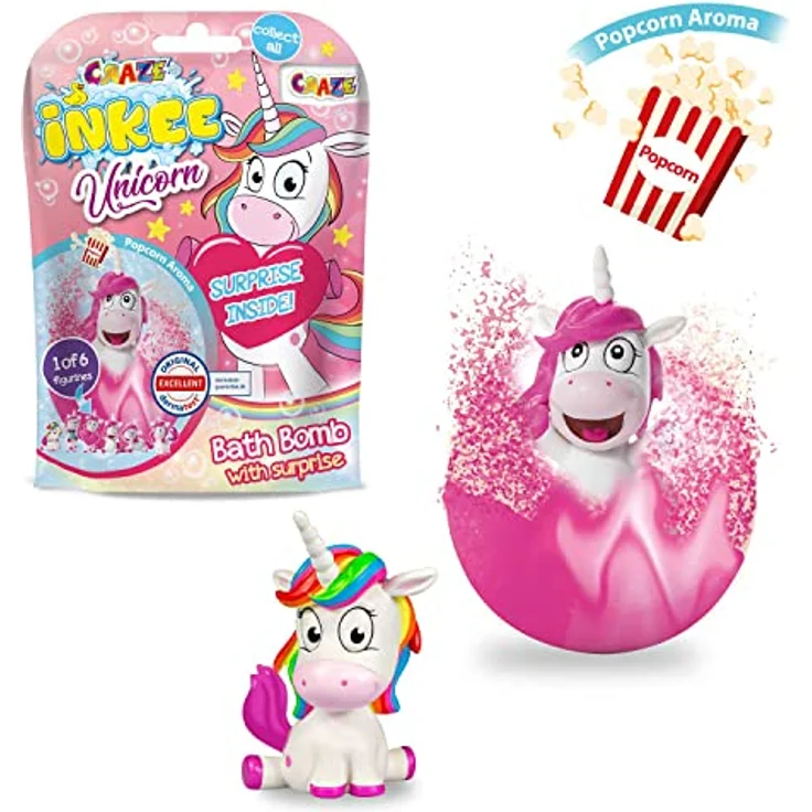Craze INKEE Unicorn | 3er Set Badebomben Kinder mit Überraschung, Badekugeln 3X 100g mit Einhornfiguren, Pop-Corn Duft – Bild 3