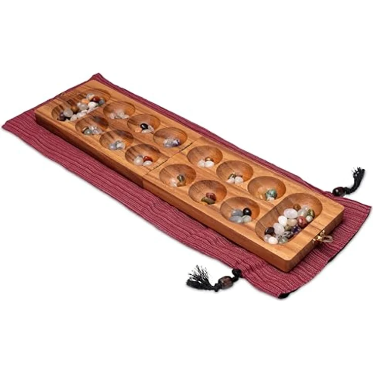 LOGOPLAY Kalaha Spiel mit Metallverschluss Gold für 2 Spieler, 14 x 49 cm Spielfeld, aus Samena-Holz mit Edelsteinen, inkl. Stoffbeutel – Bild 3