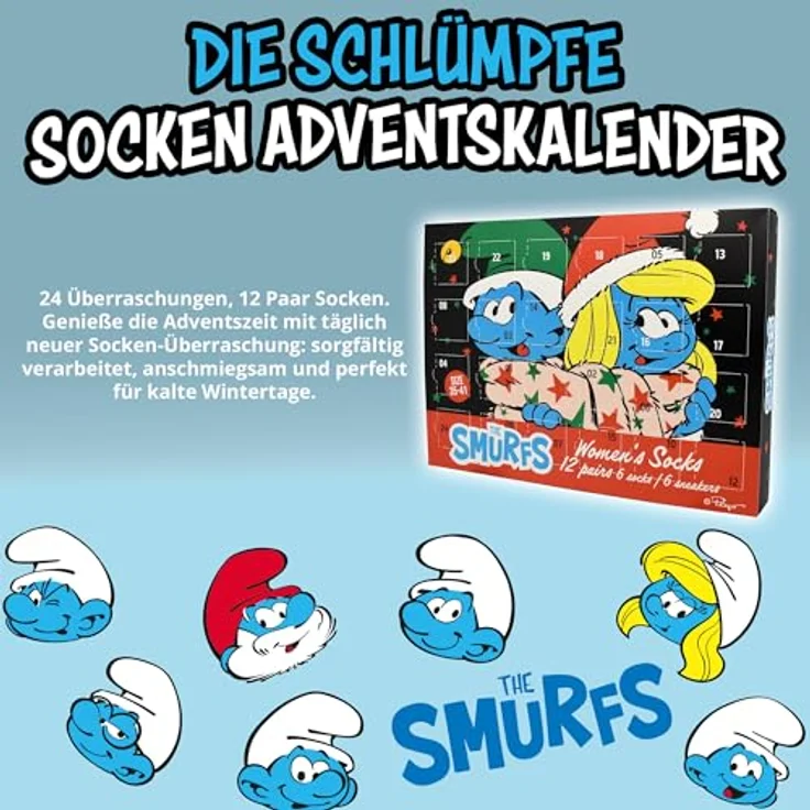United Labels Adventskalender Die Schlümpfe, 12 Paar Socken für Damen, Größe 35-41, Sneaker und lange Socken, offizielles Merchandise – Bild 2