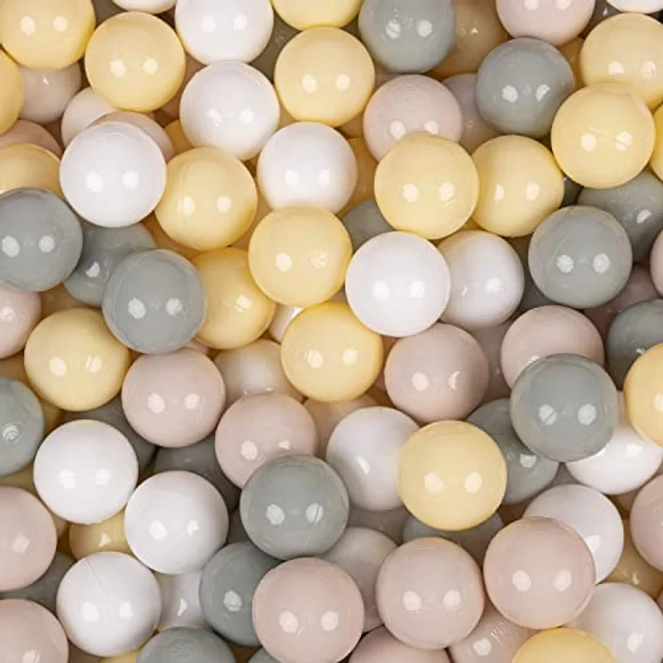 KiddyMoon 100 Bälle für Bällebad, 7 cm, Pastellbeige/Grüngrau/Pastellgelb/Weiß, BPA-frei, Made in EU – Bild 2