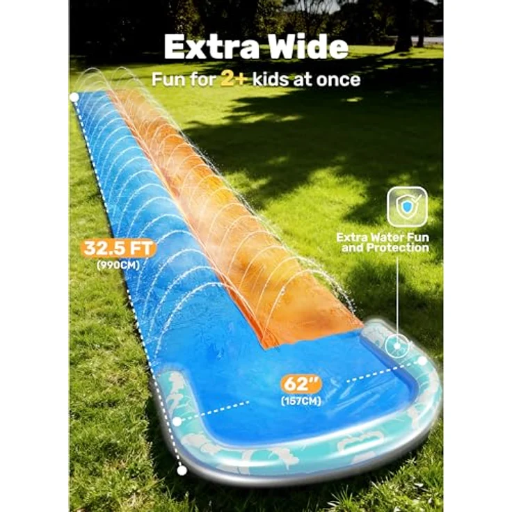 JOYIN 32,5ft Ultralange Doppelte Wasserrutsche, Rasen-Wasserrutsche mit integriertem Sprinkler und 2 aufblasbaren Boards für Kinder und Erwachsene, farbenfrohes Design für Sommerpartys, Garten- und Außenaktivitäten – Bild 2