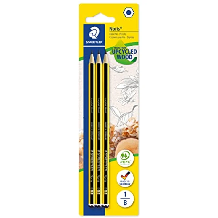 STAEDTLER Bleistift Noris 120, Made from Upcycled Wood, Härtegrad B, Rutschfeste Soft-Oberfläche, hohe Buchfestigkeit, hohe Qualität Made in Germany, Blisterkarte mit 3 Stück, 120-1BK3DA – Bild 1