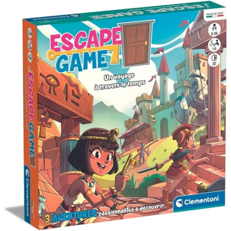 Clementoni Escape Game - Eine Reise durch die Zeit, Brettspiel mit 3 Tabletts, 60 Karten, 14 Gegenständen, für Kinder ab 8 Jahren, Mehrfarbig