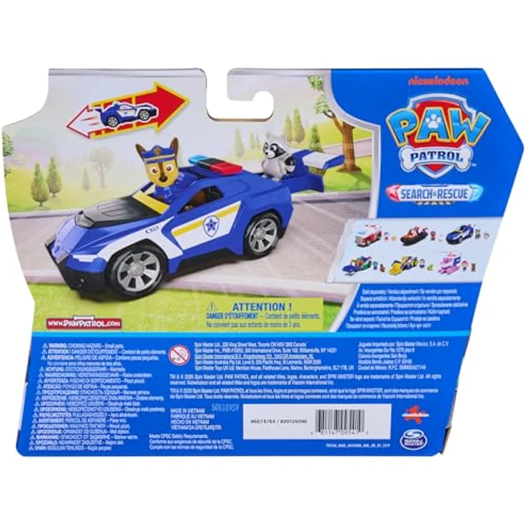 Paw Patrol PAW Search & Rescue Vehicle Chase, Pullback-Fahrzeugset mit Polizeiauto und Figuren, 15 cm, inkl. Chase und Waschbär – Bild 7