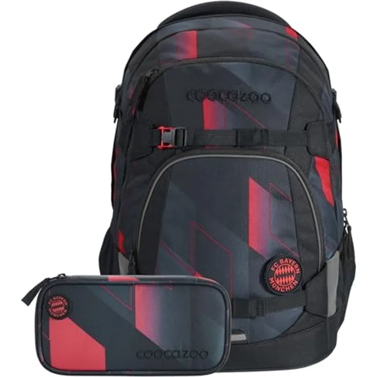 Coocazoo Schulrucksack-Set Mate „FC Bayern”, schwarz-rot, ergonomischer Tornister mit Brust- & Hüftgurt, ab 3. Klasse