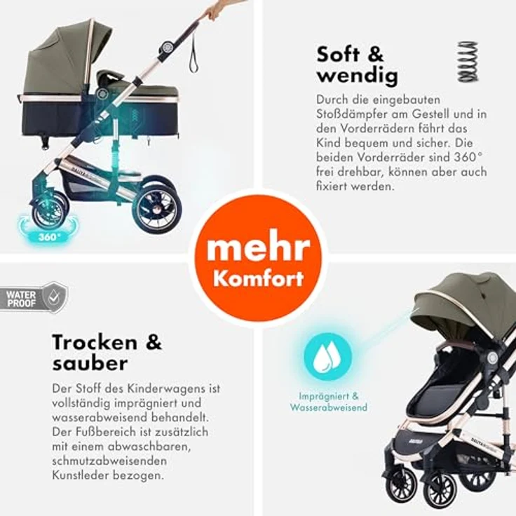 Daliya® NEOMOVE 3in1 Kinderwagen, Buggy & i-Size Babyschale | Alu-Rahmen | Reisekinderwagen & Sportwagen | Großer Einkaufskorb | Stadt & Gelände (Gold-Braun) – Bild 4