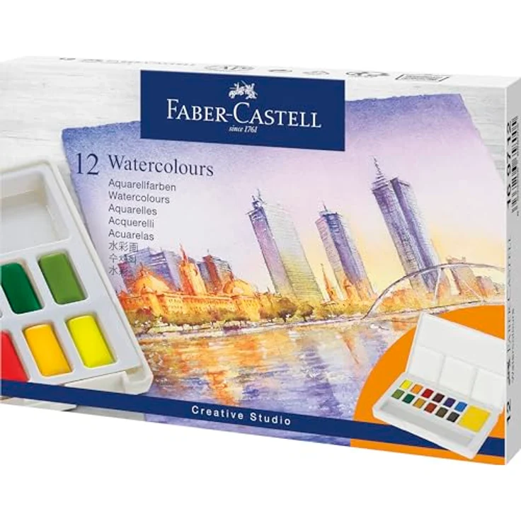 Faber-Castell 169712 Aquarellfarben Set, 12 leuchtende Farbnäpfchen mit Mischpalette und Wassertankpinsel für Einsteiger und Hobbykünstler – Bild 1