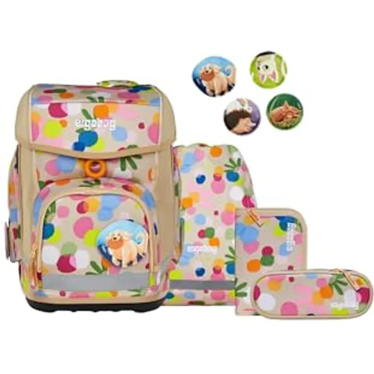 ergobag cubo Set, ergonomischer Schulrucksack 5-teilig mit höhenverstellbarem Tragesystem, reflektierenden Elementen und individualisierbaren Kletties, für 1. Klasse Grundschule, Mädchen und Jungen
