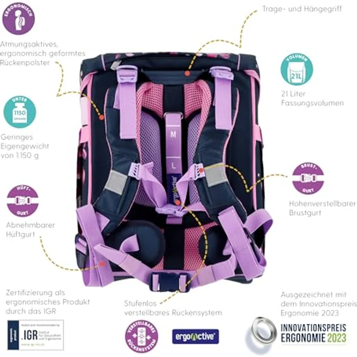 Herlitz Schulranzen FiloActive Plus Blossom Dance Kitten, 6-teiliges Set in schwarz-pink-lila mit ergonomischem Rückensystem und wasserabweisender Imprägnierung – Bild 5